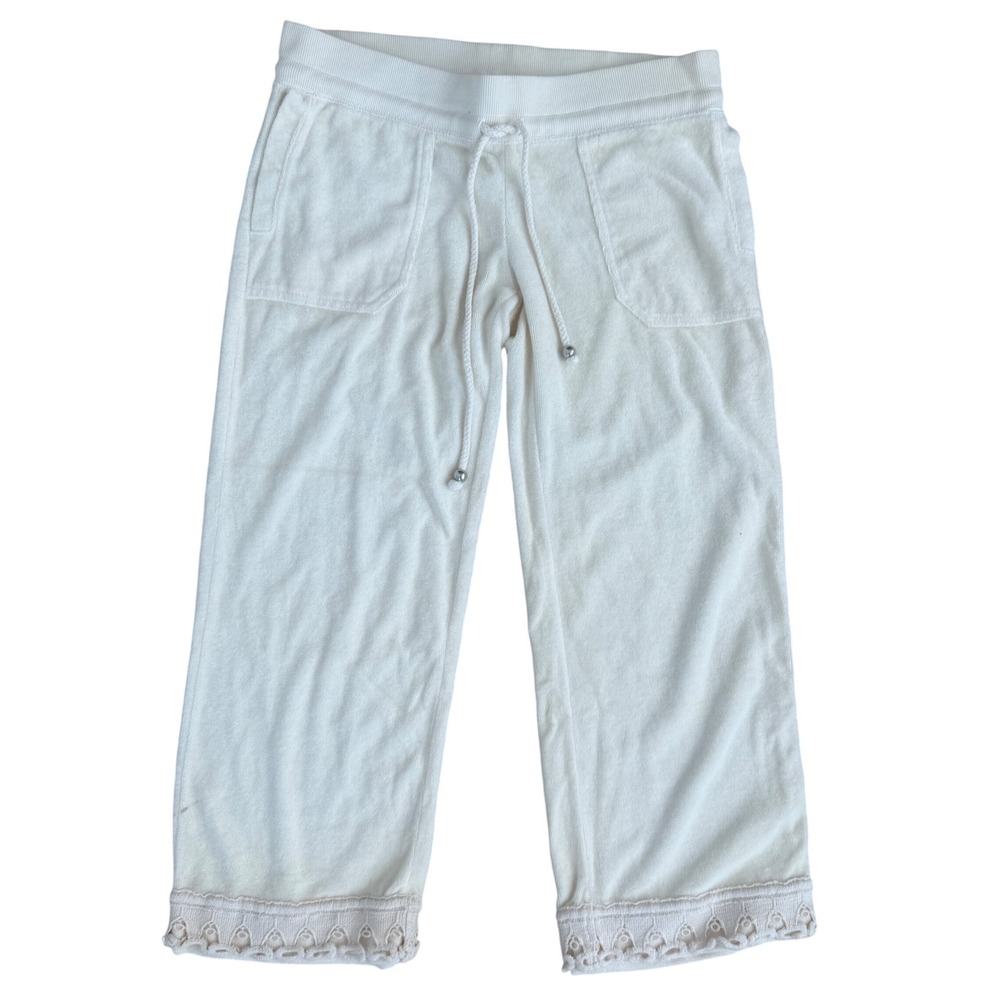 Juicy Couture Terrycloth Capri Pants Lace Trim Petite White Y2K vintage